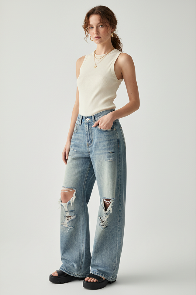 Pantalon Baggy Jean Bleu Droit Délavé Déchiré
