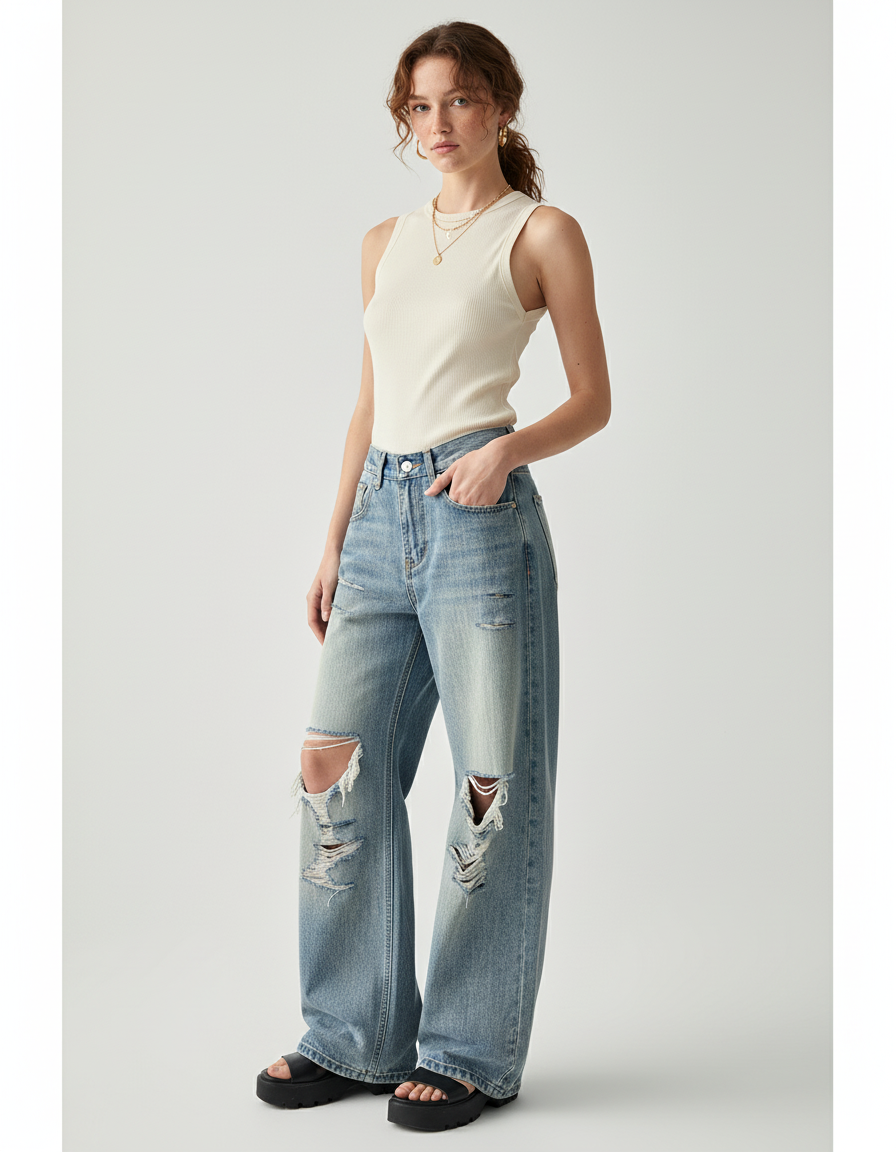 Pantalon Baggy Jean Bleu Droit Délavé Déchiré