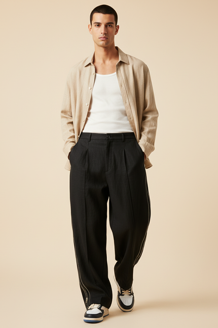 Pantalon Baggy Noir Ample Zippé Décontracté Homme - Gabardine