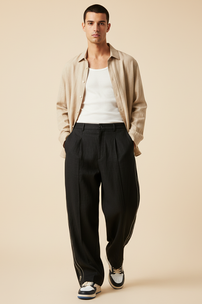 Pantalon Baggy Noir Ample Zippé Décontracté Homme - Gabardine