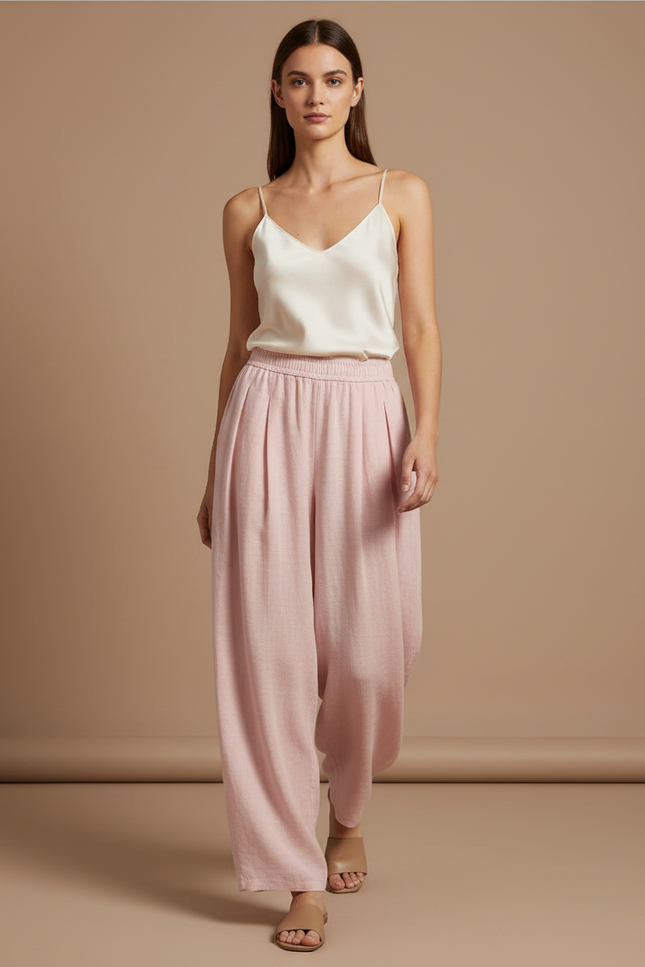 Pantalon Baggy Rose Ample Plissé Fluide Décontracté - Lin