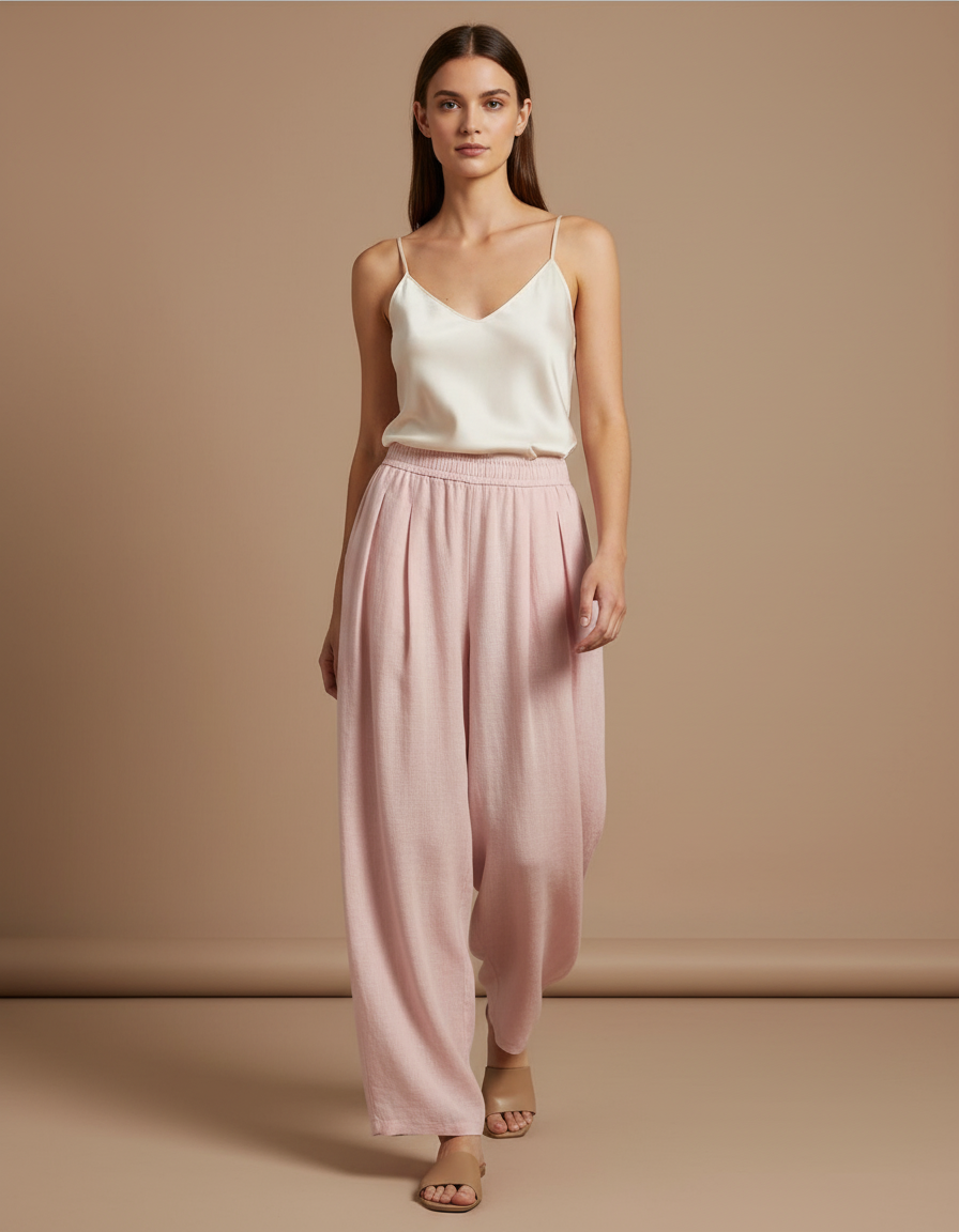 Pantalon Baggy Rose Ample Plissé Fluide Décontracté - Lin