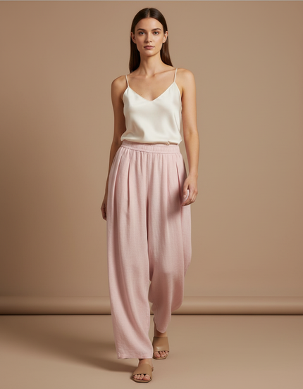 Pantalon Baggy Rose Ample Plissé Fluide Décontracté - Lin