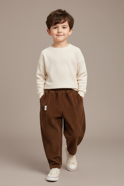 Pantalon Baggy Velours Côtelé Marron Décontracté Garçon - Cordé
