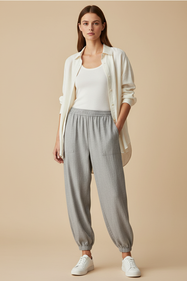 Pantalon Baggy Gris Fluide Cordon Décontracté Femme - Viscose
