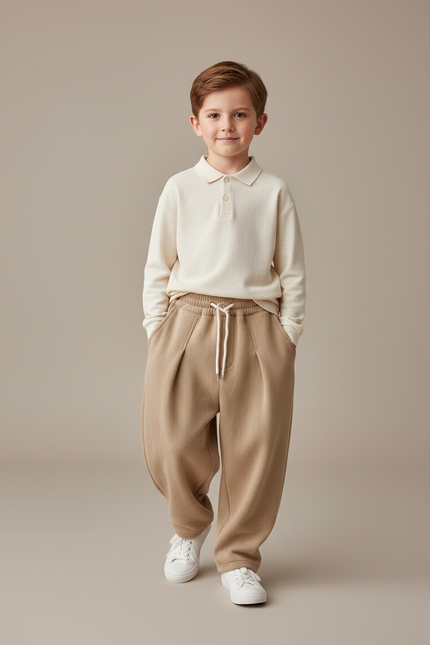 Pantalon Baggy Molletonné Ample Coton Enfant Hiver - Beige