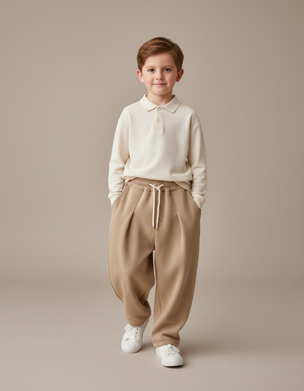 Pantalon Baggy Molletonné Ample Coton Enfant Hiver - Beige