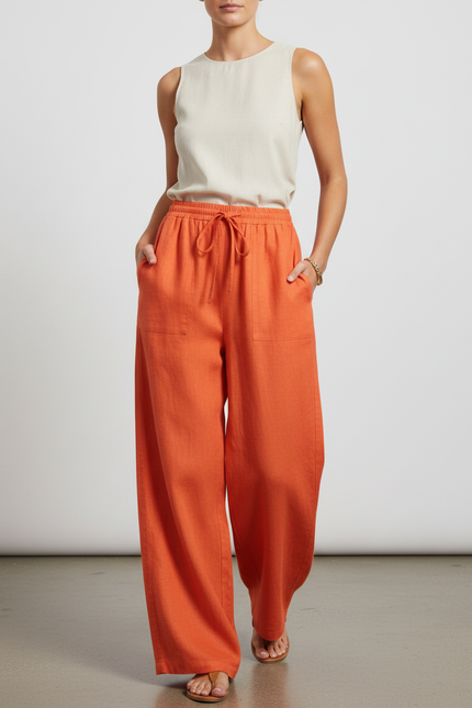 Pantalon Baggy Orange Lin Ample Fluide Femme