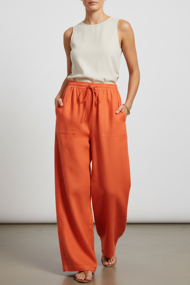 Pantalon Baggy Orange Lin Ample Fluide Femme