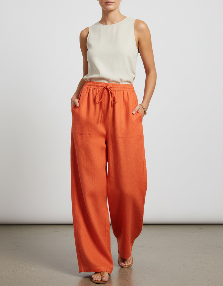 Pantalon Baggy Orange Lin Ample Fluide Femme
