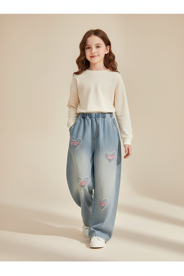 Pantalon Baggy Jean Bleu Clair Cœurs Brodés Ample Fille