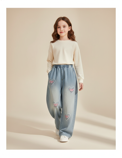 Pantalon Baggy Jean Bleu Clair Cœurs Brodés Ample Fille