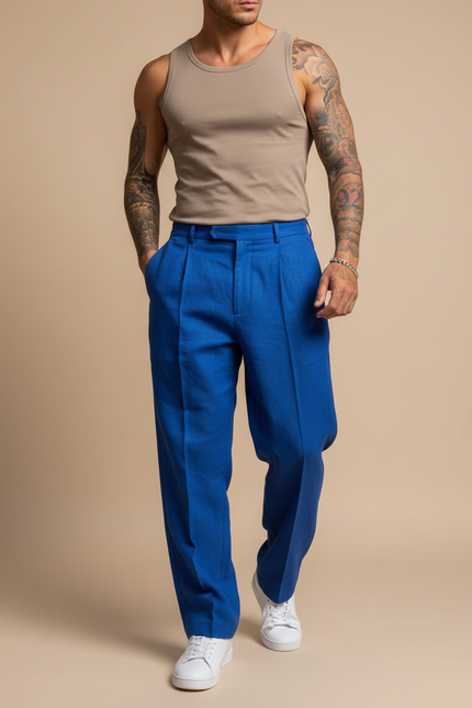 Pantalon Baggy Bleu Royal Plissé Ample Homme - Lin