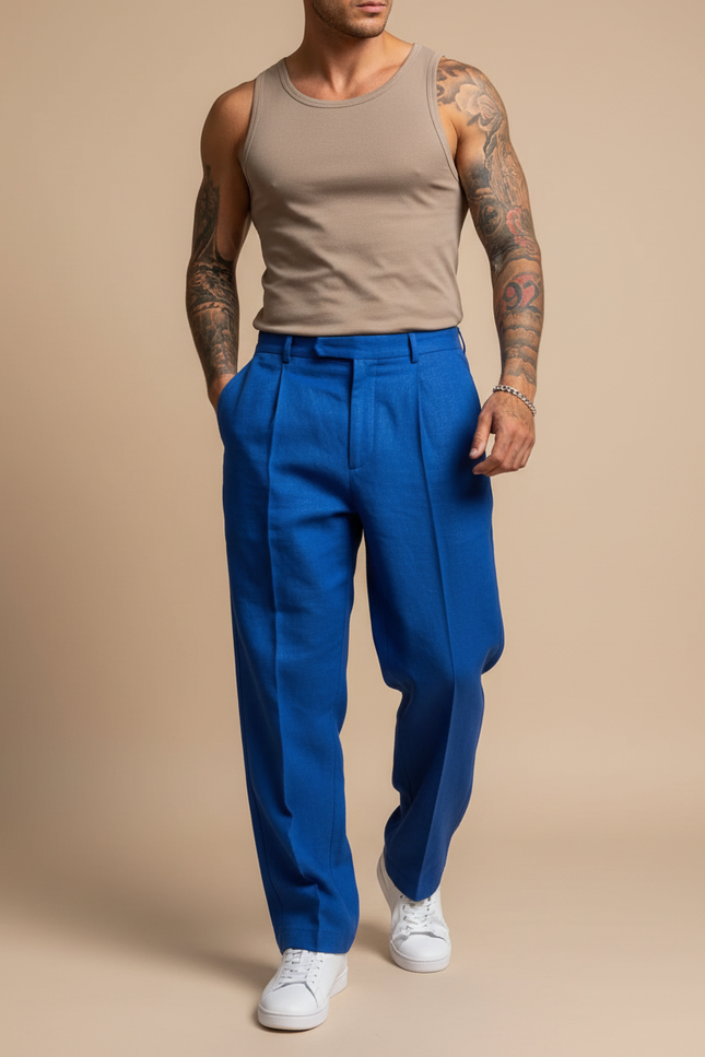 Pantalon Baggy Bleu Royal Plissé Ample Homme - Lin