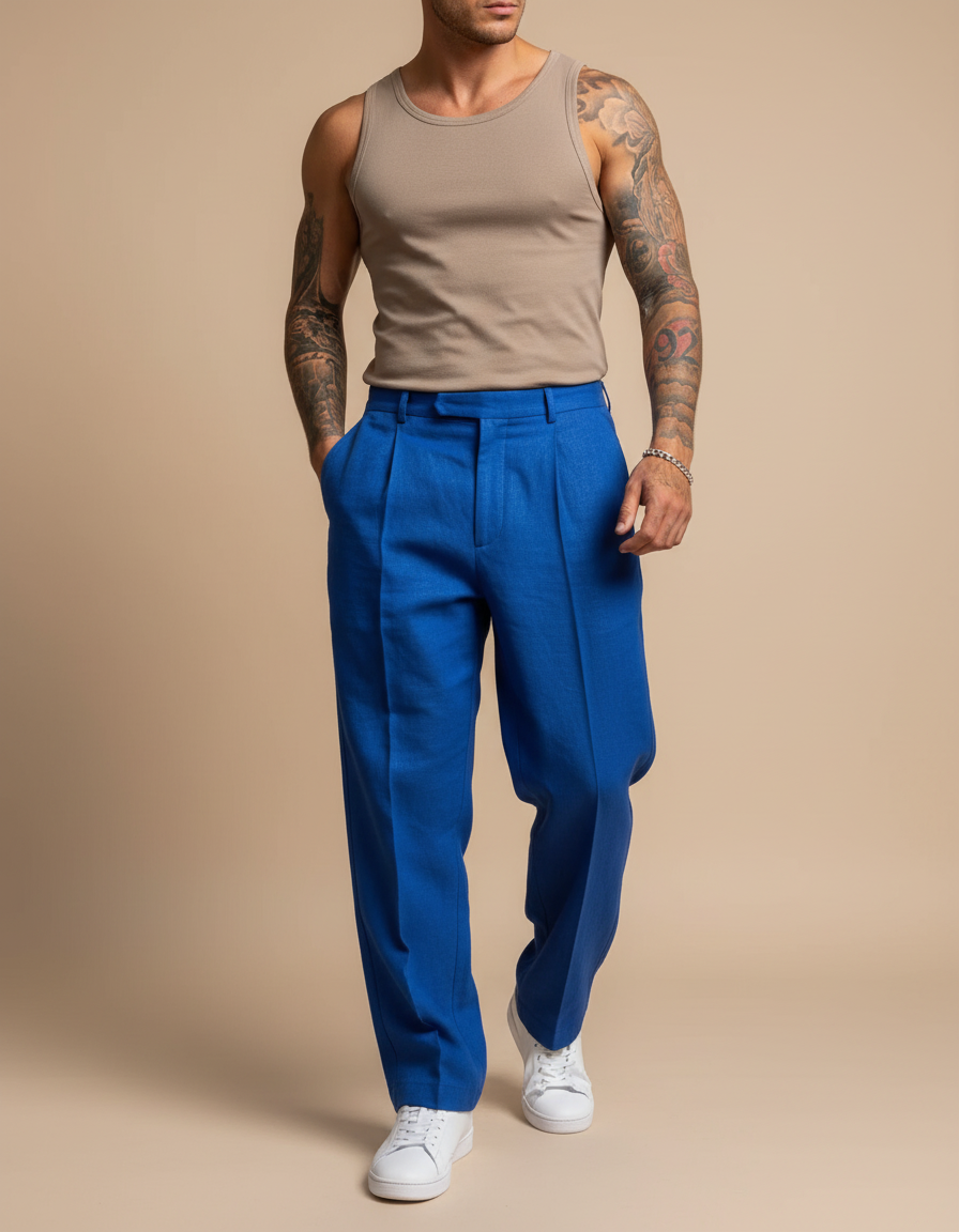 Pantalon Baggy Bleu Royal Plissé Ample Homme - Lin