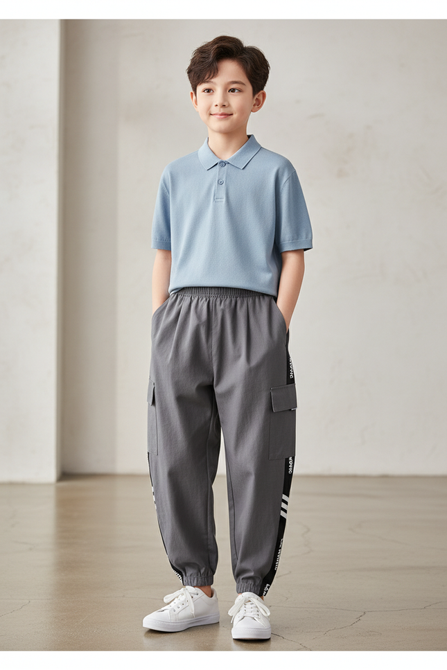 Pantalon Baggy Gris Cargo Sport Décontracté Enfant - Coton