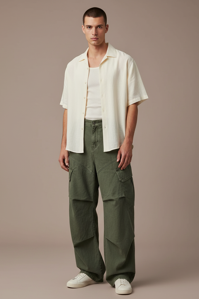 Pantalon Baggy Cargo Vert Ample Décontracté Homme - Kaki Toile