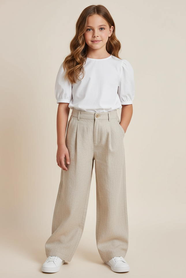 Pantalon Baggy Beige Plissé Ample Décontracté Enfant - Toile