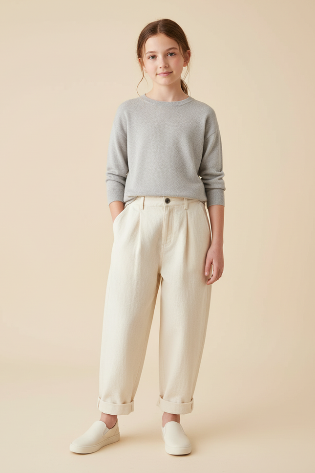 Pantalon Baggy Crème Coton Ample Décontracté Fille - Beige