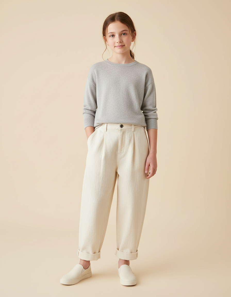 Pantalon Baggy Crème Coton Ample Décontracté Fille - Beige