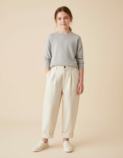 Pantalon Baggy Crème Coton Ample Décontracté Fille - Beige