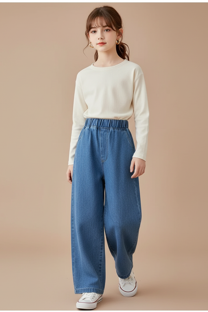 Pantalon Baggy Bleu Jean Ample Élastiqué Fille