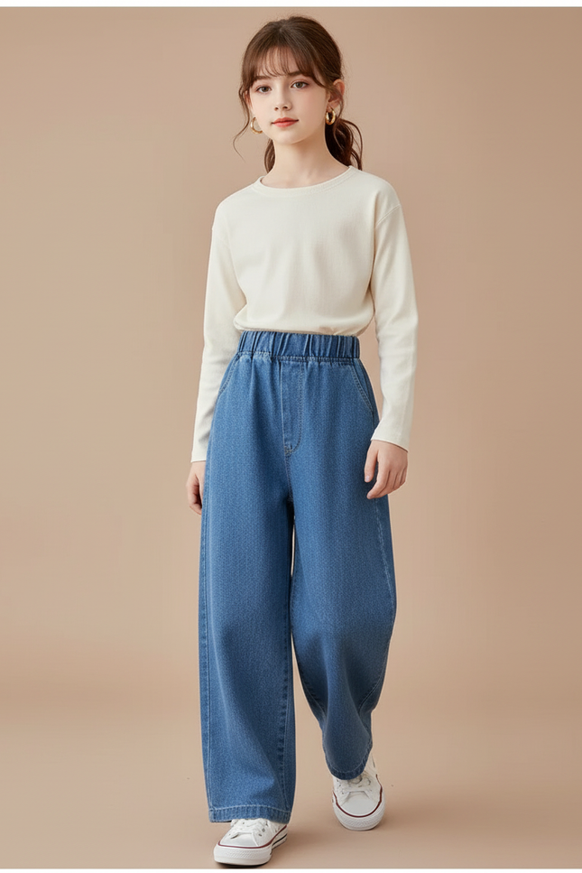 Pantalon Baggy Bleu Jean Ample Élastiqué Fille