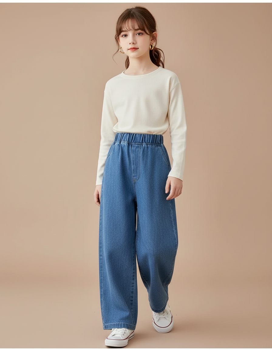 Pantalon Baggy Bleu Jean Ample Élastiqué Fille