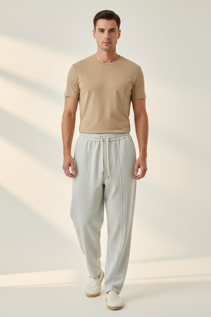 Pantalon Baggy Gris Clair Cordon Décontracté Molletonné
