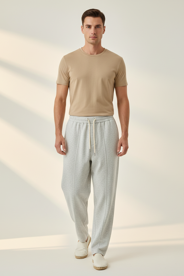 Pantalon Baggy Gris Clair Cordon Décontracté Molletonné