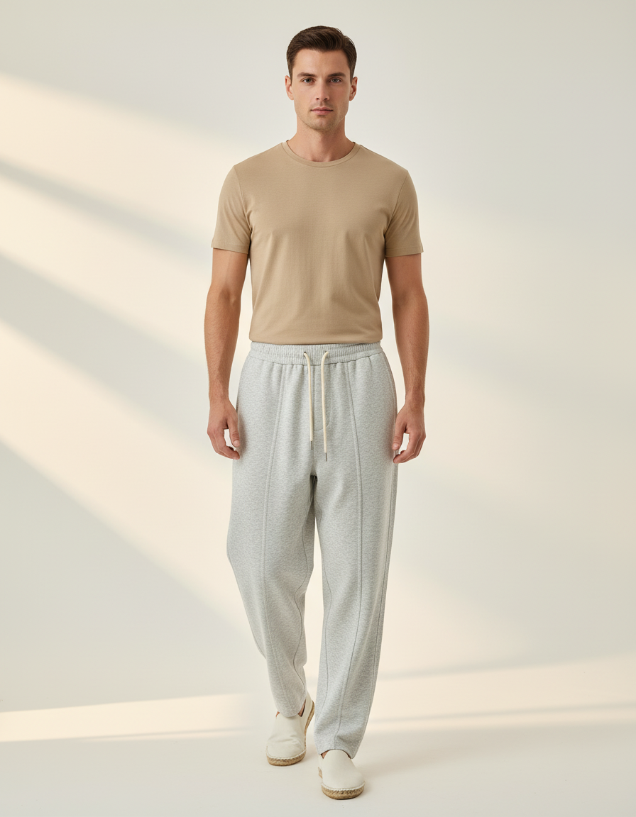 Pantalon Baggy Gris Clair Cordon Décontracté Molletonné