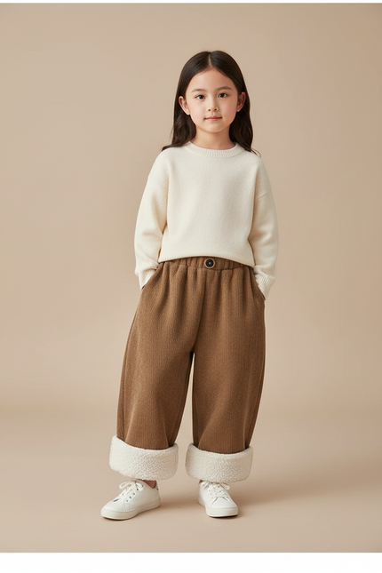 Pantalon Baggy Côtelé Marron Doublé Polaire Enfant - Cordé