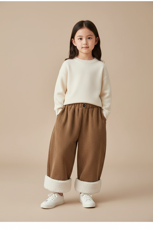 Pantalon Baggy Côtelé Marron Doublé Polaire Enfant - Cordé