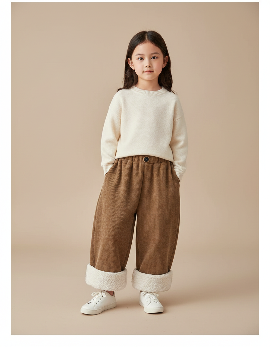 Pantalon Baggy Côtelé Marron Doublé Polaire Enfant - Cordé