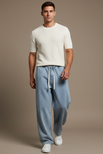 Pantalon Baggy Homme Bleu Taille Élastique - Jean