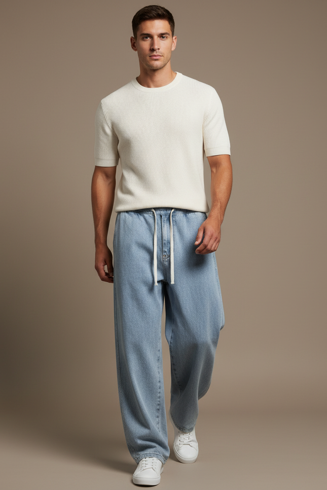 Pantalon Baggy Homme Bleu Taille Élastique - Jean