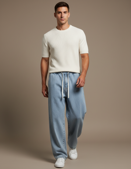 Pantalon Baggy Homme Bleu Taille Élastique - Jean
