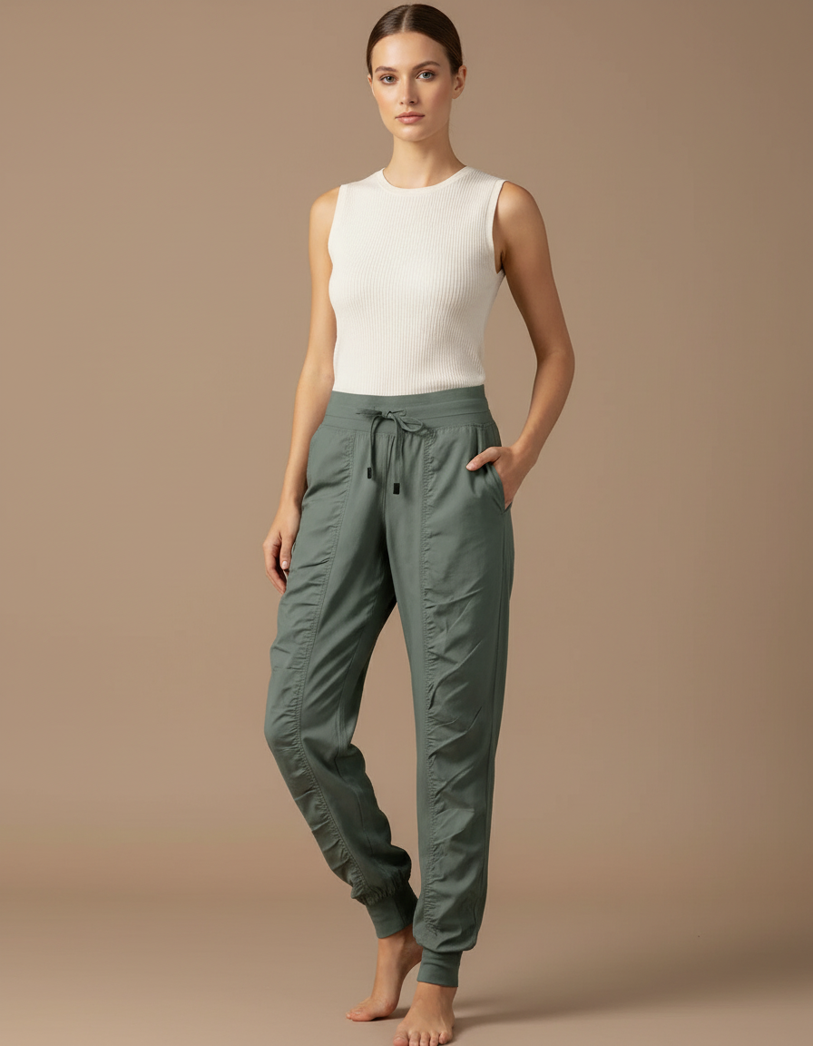 Pantalon Baggy Vert Kaki Fluide Sport Femme - Polyester