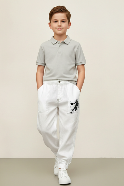 Pantalon Baggy Blanc Imprimé Basketball Décontracté Garçon - Jean