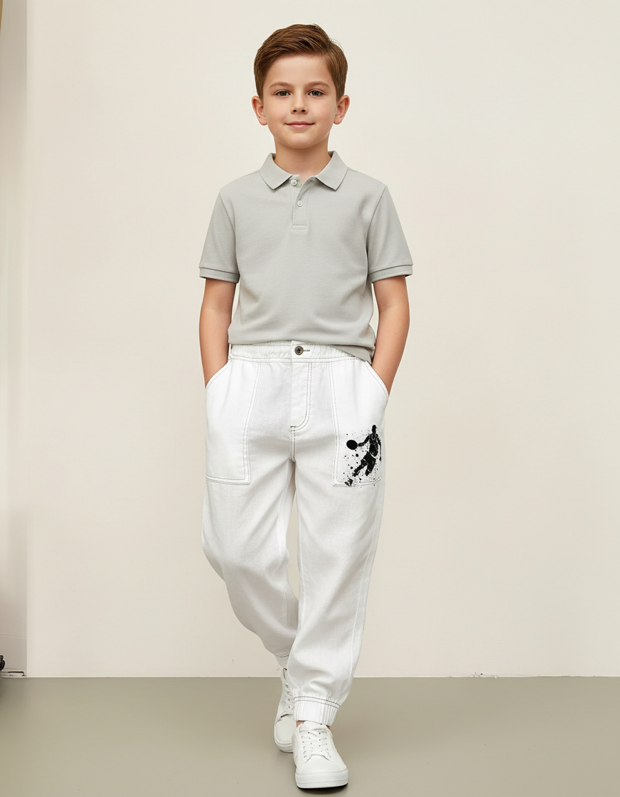 Pantalon Baggy Blanc Imprimé Basketball Décontracté Garçon - Jean
