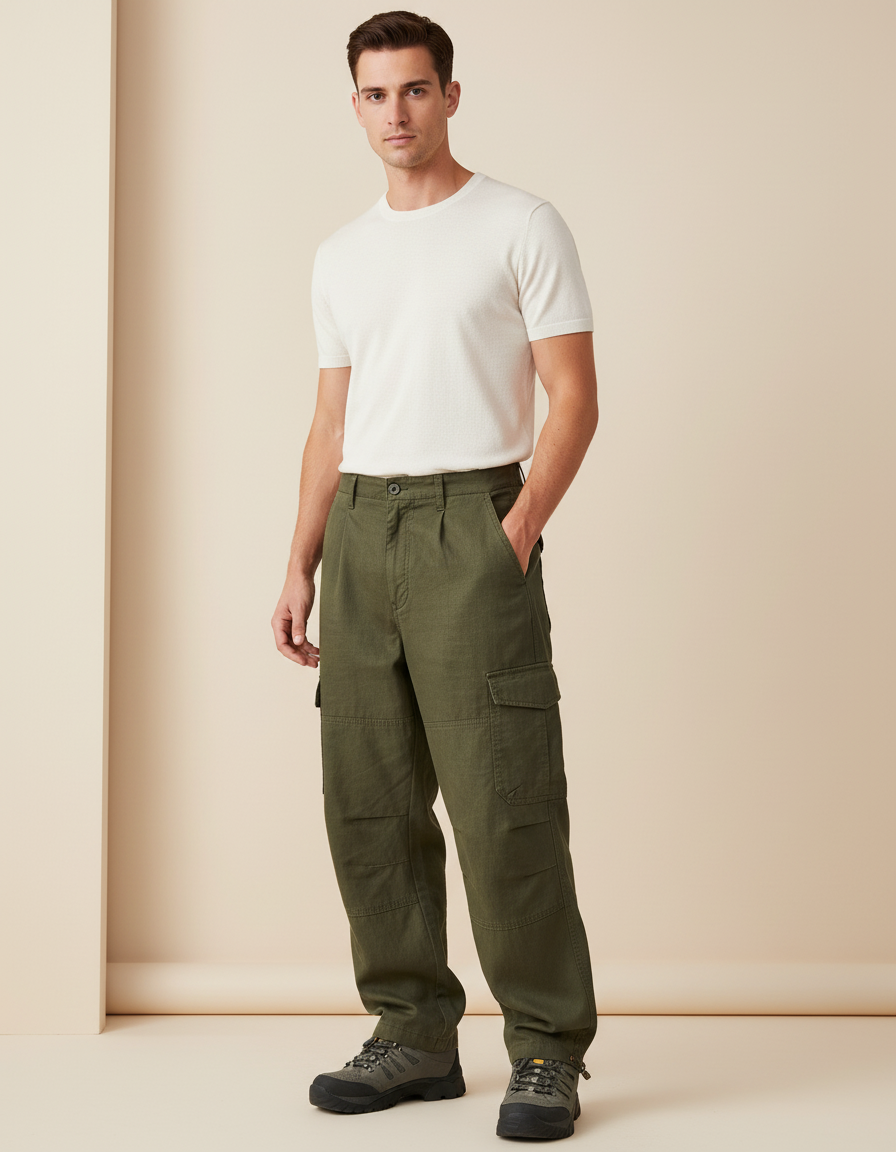 Pantalon Baggy Kaki Coton Ample Cargo Homme - Toile