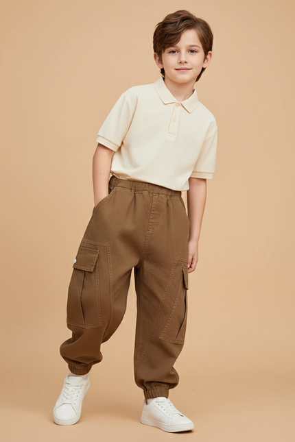 Pantalon Baggy Marron Cargo Ample Coton Garçon