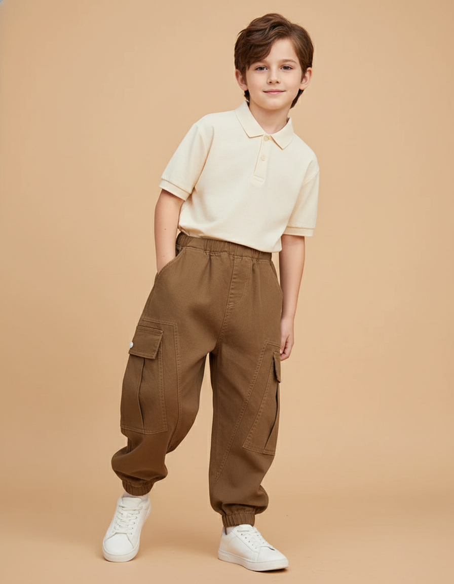Pantalon Baggy Marron Cargo Ample Coton Garçon