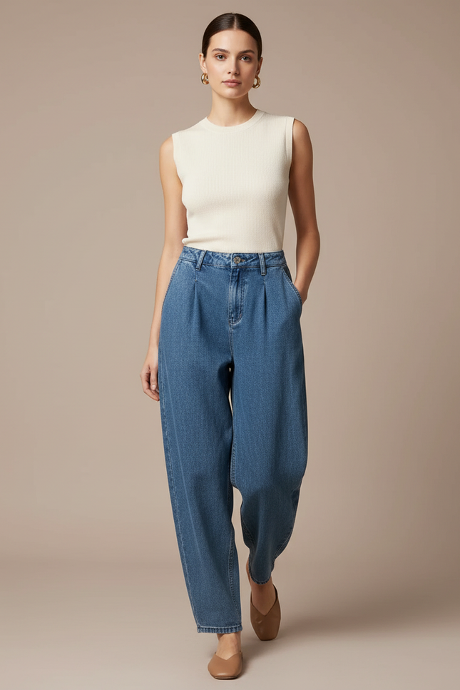 Pantalon Baggy Bleu Jean Ample Plissé Décontracté
