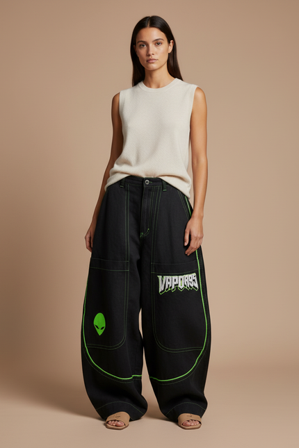 Pantalon Baggy Noir Ample Streetwear Alien Néon - Jean