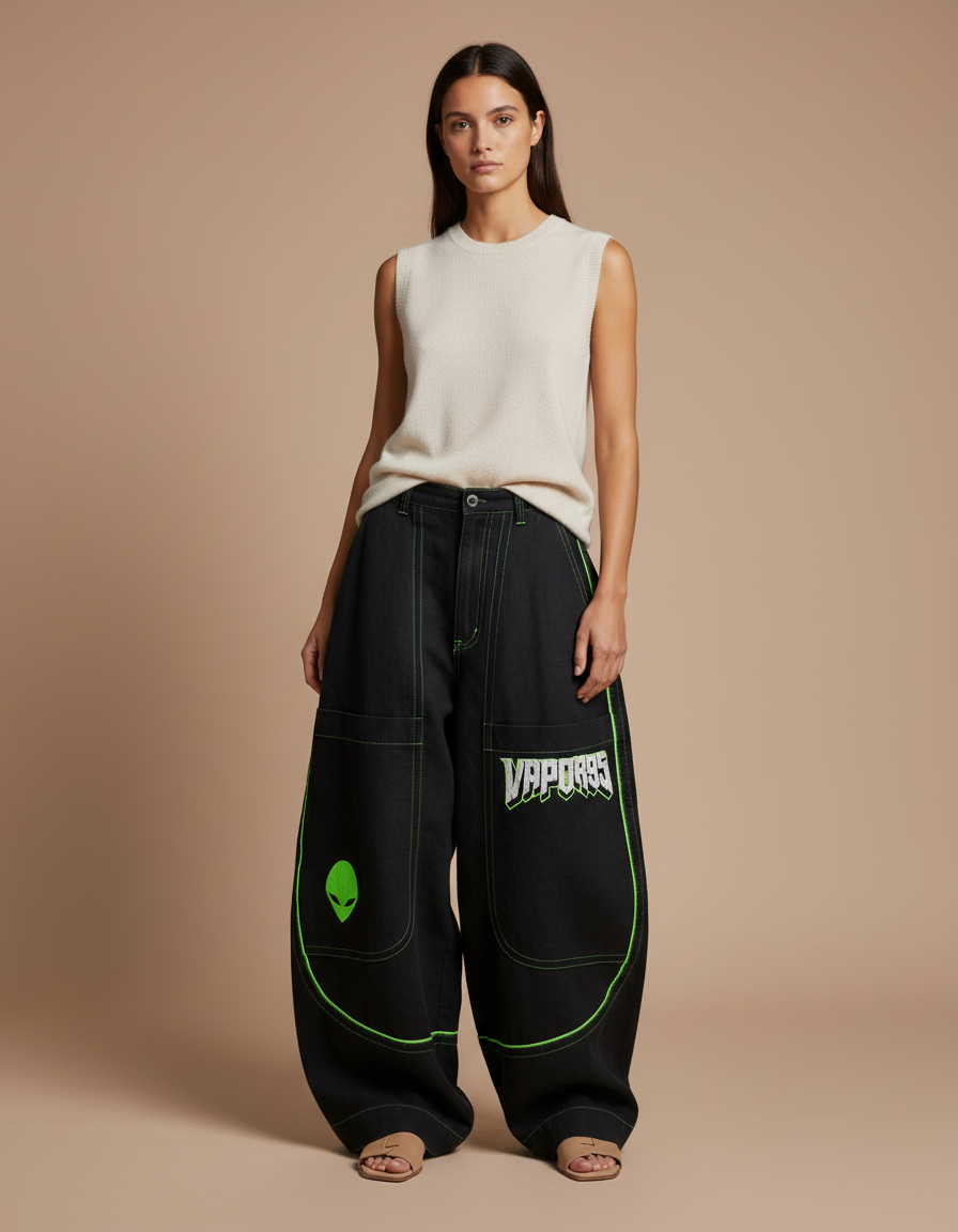 Pantalon Baggy Noir Ample Streetwear Alien Néon - Jean