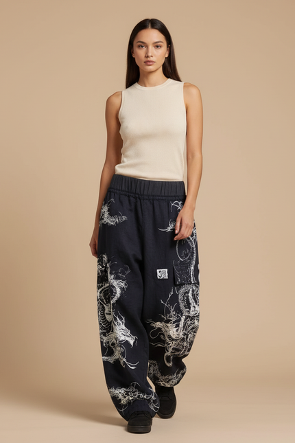 Pantalon Baggy Noir Dragon Ample Streetwear - Toile
