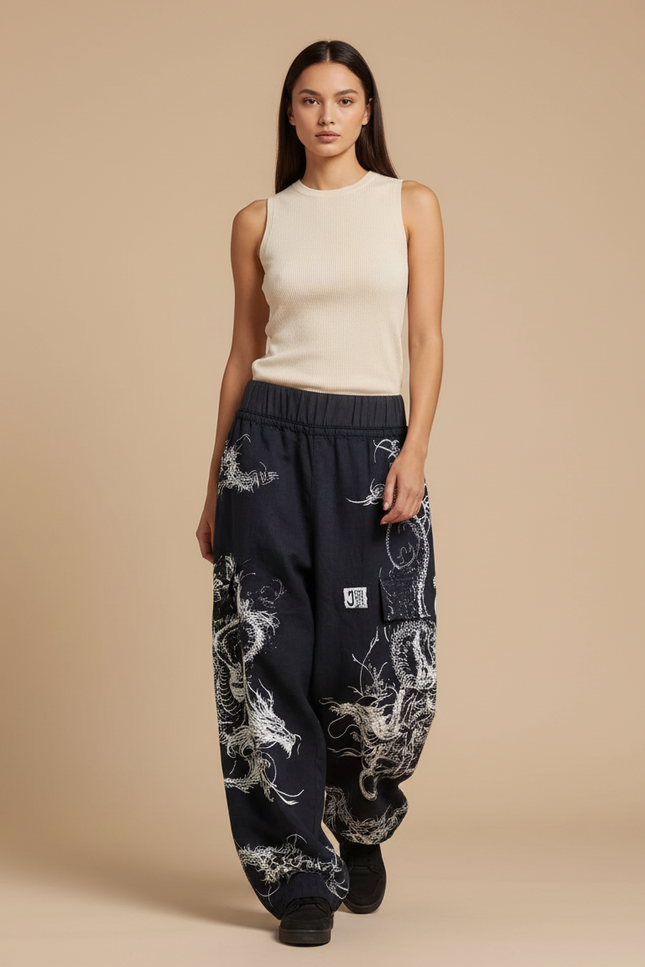 Pantalon Baggy Noir Dragon Ample Streetwear - Toile