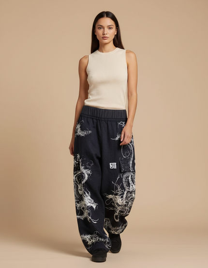 Pantalon Baggy Noir Dragon Ample Streetwear - Toile