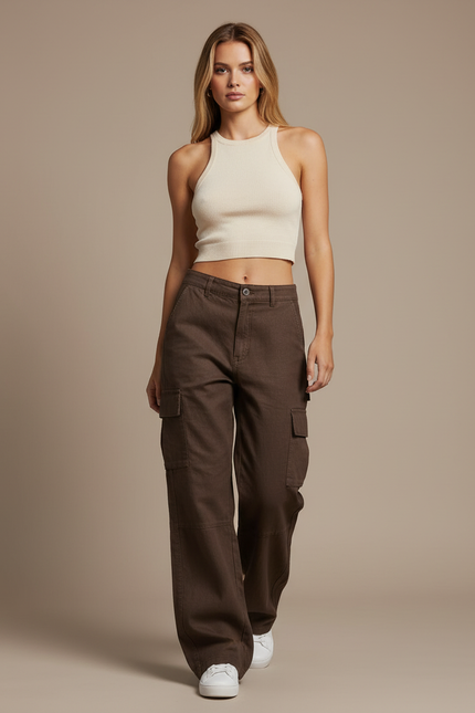 Pantalon Baggy Marron Cargo Décontracté Taille Haute - Toile